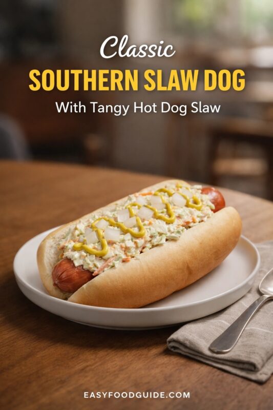 A classic Southern slaw dog on a white plate, featuring a hot dog in a bun topped with tangy coleslaw, diced onions, and mustard. The meal is set on a wooden table next to a napkin. Text reads "Classic SOUTHERN SLAW DOG With Tangy Hot Dog Slaw," and the website "EASYFOODGUIDE.COM" is at the bottom.
