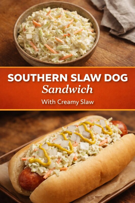 southern-slaw-dog-2 A vertical recipe graphic for a Southern Slaw Dog Sandwich. The top image shows a bowl of creamy slaw, while the bottom displays the hot dog topped with the slaw, onions, and mustard on a tray. A banner reads "SOUTHERN SLAW DOG Sandwich With Creamy Slaw."
