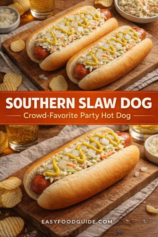 southern-slaw-dog-4 A vertical recipe graphic for a Southern Slaw Dog, a crowd-favorite party hot dog. The top image shows two slaw dogs on a wooden board with chips, while the bottom is a close-up of one. A banner reads "SOUTHERN SLAW DOG Crowd-Favorite Party Hot Dog."