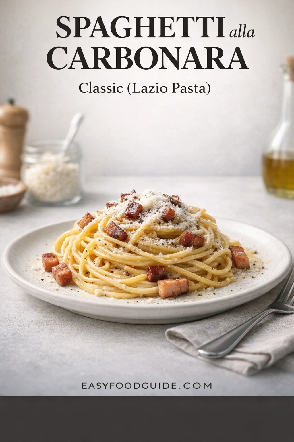 A plate of Spaghetti alla Carbonara, a classic Lazio pasta dish, topped with crispy pancetta and grated cheese. In the background are a jar of cheese, olive oil, and a pepper grinder. Text reads "SPAGHETTI alla CARBONARA Classic (Lazio Pasta)," with the website "EASYFOODGUIDE.COM" at the bottom.
