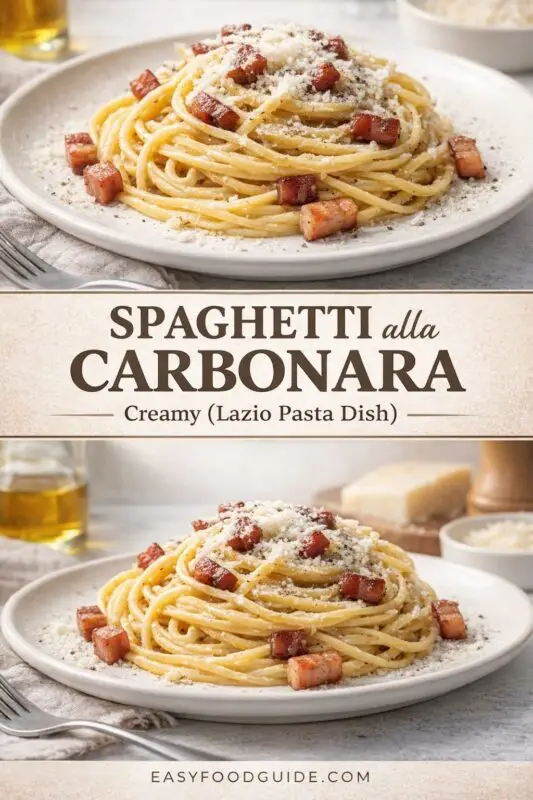 A vertical recipe graphic for Spaghetti alla Carbonara. The top and bottom images show a plate of the creamy pasta dish topped with crispy pancetta cubes and grated cheese. A banner in the center reads "SPAGHETTI alla CARBONARA Creamy (Lazio Pasta Dish)."