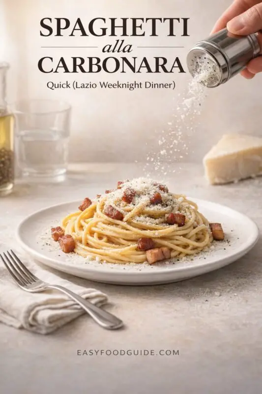 A hand sprinkles grated cheese over a plate of Spaghetti alla Carbonara, a quick Lazio weeknight dinner. The pasta is topped with crispy pancetta and sits on a light table next to a fork. Text reads "SPAGHETTI alla CARBONARA Quick (Lazio Weeknight Dinner)," and the website "EASYFOODGUIDE.COM" is at the bottom.
