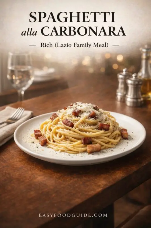 A plate of rich Spaghetti alla Carbonara, a Lazio family meal, topped with crispy pancetta and cheese. The dish is served on a wooden table with wine and condiments in the background. Text reads "SPAGHETTI alla CARBONARA Rich (Lazio Family Meal)," and the website "EASYFOODGUIDE.COM" is at the bottom.