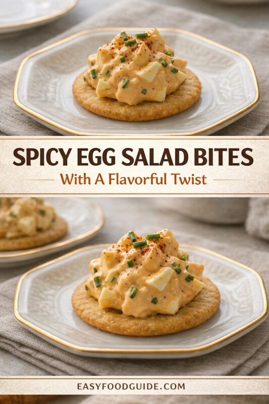 A vertical recipe graphic for Spicy Egg Salad Bites. The top and bottom images show the appetizer with a flavorful twist, featuring egg salad on a cracker served on an elegant white plate with a gold rim. A banner reads "SPICY EGG SALAD BITES With A Flavorful Twist."