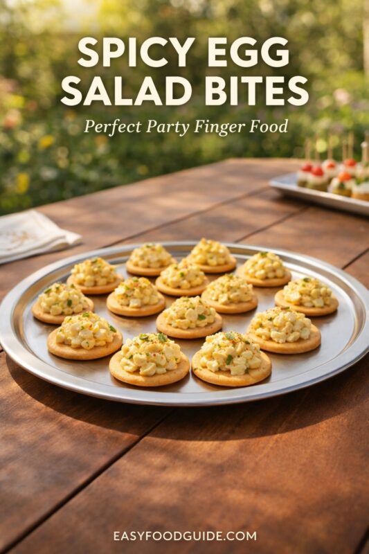 A platter of spicy egg salad bites, perfect party finger food served on a wooden table outdoors. The appetizers are arranged on round crackers on a silver tray, garnished with herbs in the sunlight. Text reads "SPICY EGG SALAD BITES Perfect Party Finger Food," and the website "EASYFOODGUIDE.COM" is at the bottom.