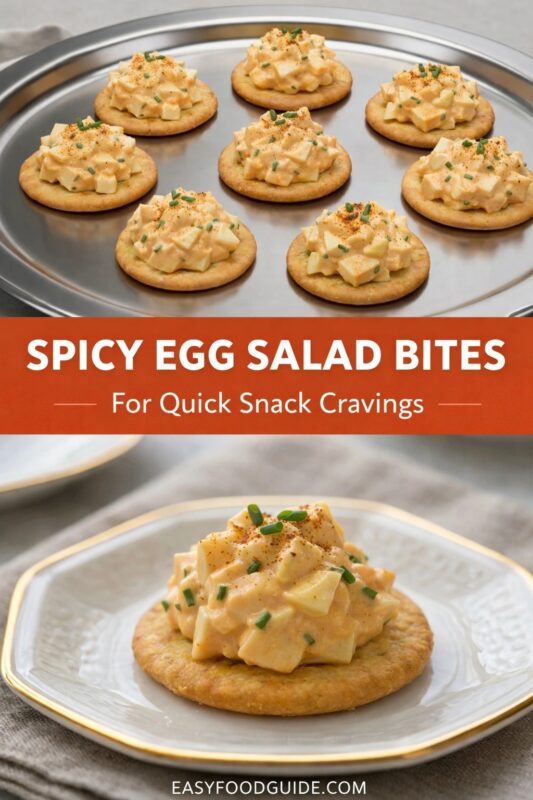 A vertical recipe graphic for Spicy Egg Salad Bites. The top image shows the quick snack cravings appetizer on a silver tray, while the bottom displays a single bite on an elegant plate. A banner reads "SPICY EGG SALAD BITES For Quick Snack Cravings."