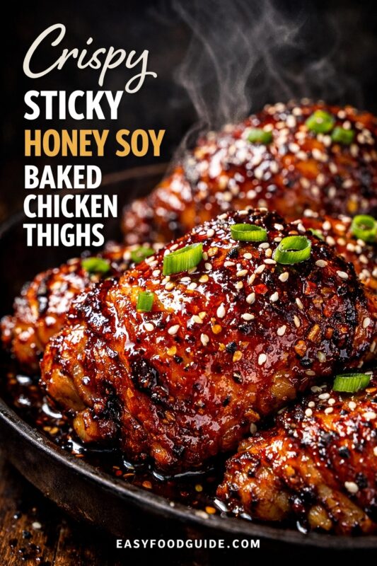 A close-up of crispy sticky honey soy baked chicken thighs, glistening with a rich glaze and garnished with sesame seeds and green onions. The steaming dish is served in a dark skillet against a black background. Text reads "Crispy STICKY HONEY SOY BAKED CHICKEN THIGHS," and the website "EASYFOODGUIDE.COM" is at the bottom.