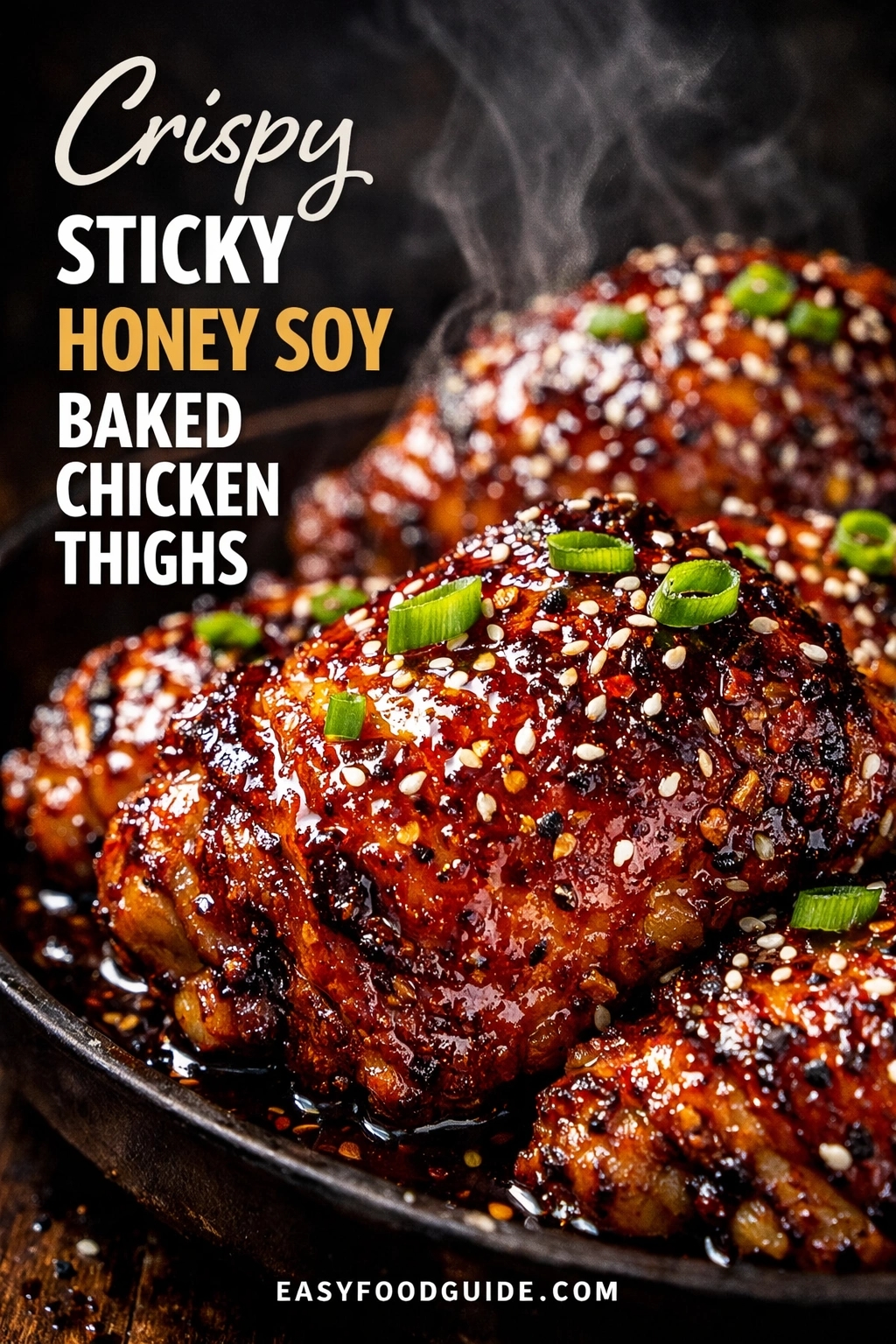 A close-up of crispy sticky honey soy baked chicken thighs, glistening with a rich glaze and garnished with sesame seeds and green onions. The steaming dish is served in a dark skillet against a black background. Text reads "Crispy STICKY HONEY SOY BAKED CHICKEN THIGHS," and the website "EASYFOODGUIDE.COM" is at the bottom.