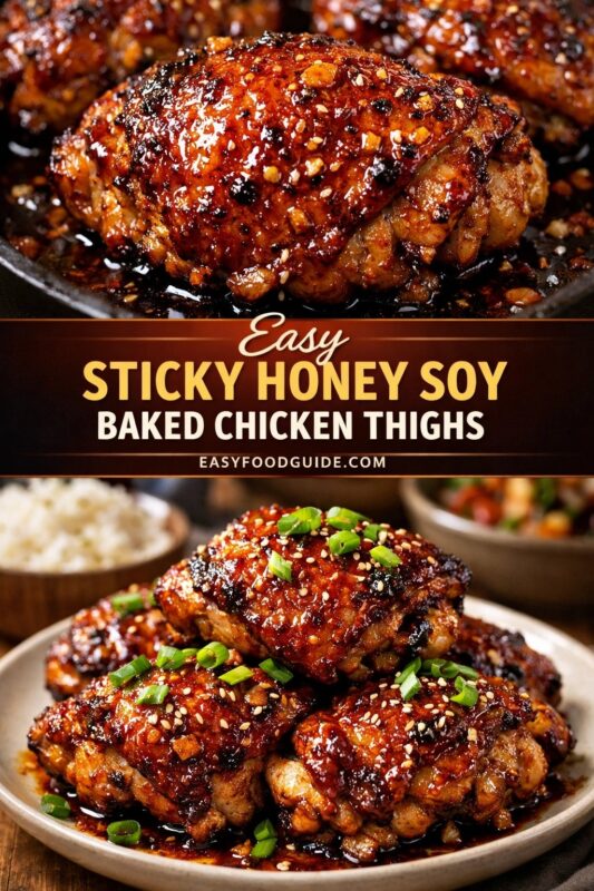 sticky-honey-soy-baked-chicken-thighs-2 A vertical recipe graphic for Easy Sticky Honey Soy Baked Chicken Thighs. The top and bottom images show the glazed chicken in a skillet and on a plate, garnished with sesame seeds and green onions. A banner reads "Easy STICKY HONEY SOY BAKED CHICKEN THIGHS."