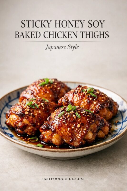 sticky-honey-soy-baked-chicken-thighs-3 A plate of sticky honey soy baked chicken thighs, presented in a Japanese style. The glazed chicken pieces are arranged on a patterned ceramic dish and topped with sesame seeds and green onions. Text reads "STICKY HONEY SOY BAKED CHICKEN THIGHS Japanese Style," and the website "EASYFOODGUIDE.COM" is at the bottom.