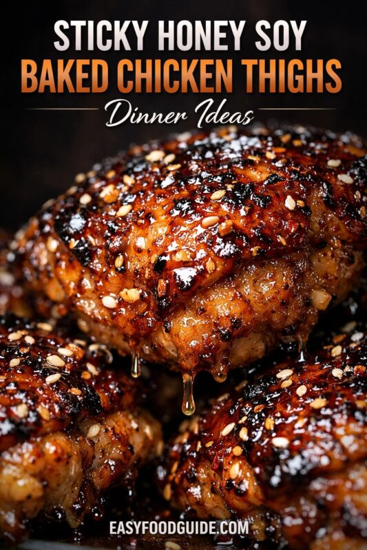 sticky-honey-soy-baked-chicken-thighs-4 A close-up of sticky honey soy baked chicken thighs, a dinner idea featuring a thick, glossy glaze dripping down the side. The chicken is sprinkled with sesame seeds and presented against a dark background. Text reads "STICKY HONEY SOY BAKED CHICKEN THIGHS Dinner Ideas," and the website "EASYFOODGUIDE.COM" is at the bottom.