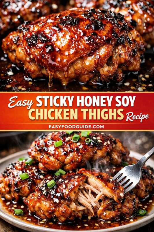 sticky-honey-soy-baked-chicken-thighs-5 A vertical recipe graphic for an Easy Sticky Honey Soy Chicken Thighs Recipe. The top image shows a close-up of the glazed chicken, while the bottom displays a piece being pulled apart with a fork on a plate. A banner reads "Easy STICKY HONEY SOY CHICKEN THIGHS Recipe."