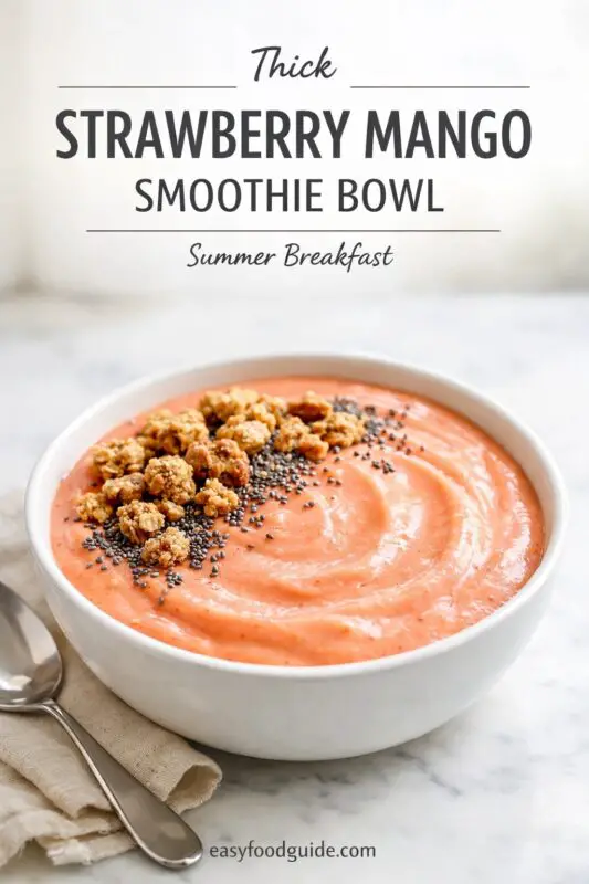 A white bowl filled with a thick, pink strawberry mango smoothie bowl, topped with granola clusters and chia seeds. A spoon rests on a linen napkin beside the bowl on a marble surface. Text at the top reads "Thick STRAWBERRY MANGO SMOOTHIE BOWL Summer Breakfast," and the website "easyfoodguide.com" is at the bottom.