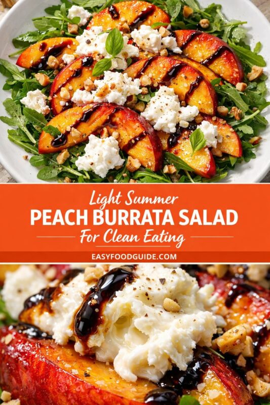 A vertical recipe graphic for a Light Summer Peach Burrata Salad. The top and bottom images show the clean eating dish with fresh peaches, burrata, and balsamic drizzle on a bed of greens. A banner reads "Light Summer PEACH BURRATA SALAD For Clean Eating."