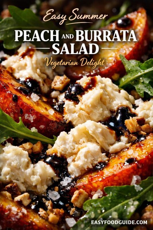 A close-up of an easy summer peach and burrata salad, a vegetarian delight. The dish features fresh peaches, creamy burrata cheese, arugula, and a balsamic glaze on a dark background. Text reads "Easy Summer PEACH AND BURRATA SALAD Vegetarian Delight," and the website "EASYFOODGUIDE.COM" is at the bottom.