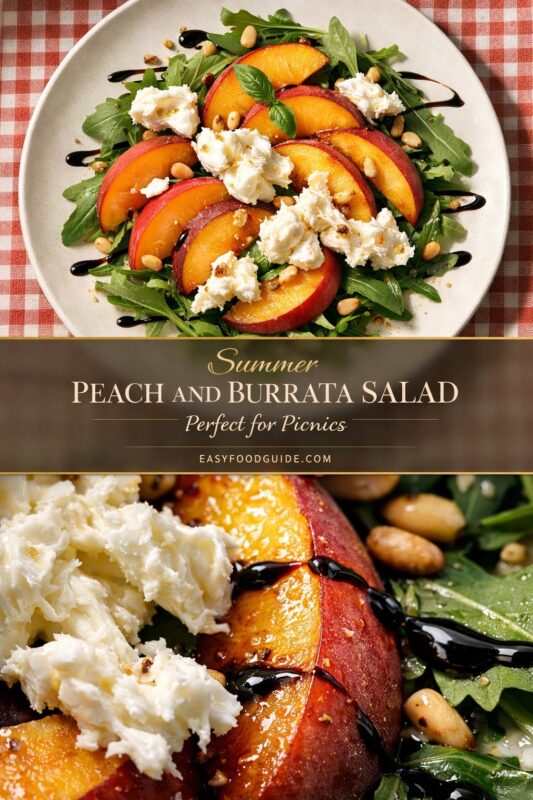 A vertical recipe graphic for a Summer Peach and Burrata Salad. The top and bottom images show the picnic-perfect dish with peaches, cheese, and greens on a plate set against a checkered tablecloth. A banner reads "Summer PEACH AND BURRATA SALAD Perfect for Picnics."