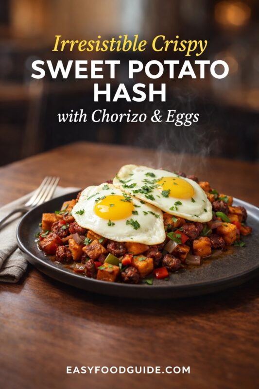 An irresistible crispy sweet potato hash with chorizo and eggs, plated on a dark dish. The colorful mixture of roasted vegetables and meat is topped with sunny-side-up eggs and fresh herbs, served on a wooden table. Text reads "Irresistible Crispy SWEET POTATO HASH with Chorizo & Eggs," and the website "EASYFOODGUIDE.COM" is at the bottom.