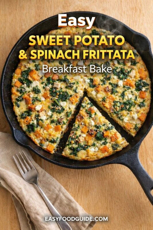 An easy sweet potato & spinach frittata breakfast bake, presented in a cast-iron skillet. The golden dish is filled with diced sweet potatoes, wilted spinach, and crumbled cheese, with one slice ready to be served. Text reads "Easy SWEET POTATO & SPINACH FRITTATA Breakfast Bake," and the website "EASYFOODGUIDE.COM" is at the bottom.