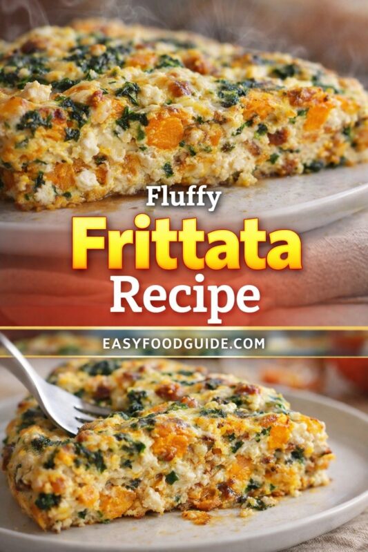 A vertical recipe graphic for a fluffy frittata. The top image shows the steaming, baked dish in a skillet, while the bottom is a close-up of a slice on a plate being cut with a fork. A banner reads "Fluffy Frittata Recipe."