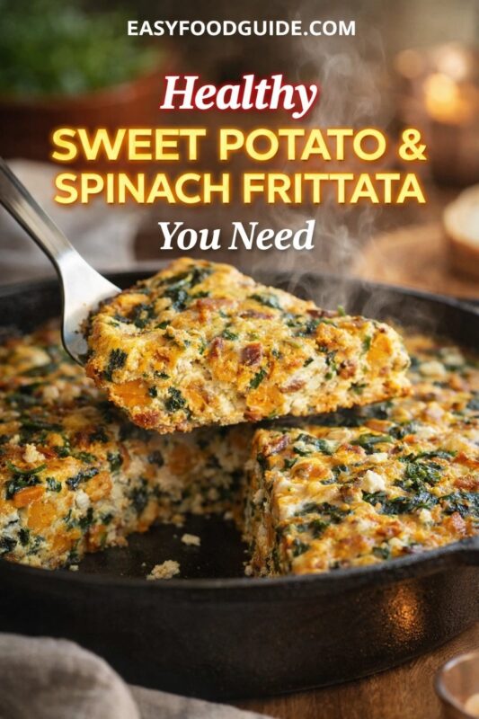 A healthy sweet potato & spinach frittata you need, shown being served from a cast-iron skillet. The vibrant, baked egg dish is filled with colorful vegetables and cheese. Text reads "Healthy SWEET POTATO & SPINACH FRITTATA You Need," and the website "EASYFOODGUIDE.COM" is at the top.