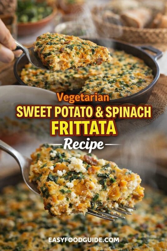 A vertical recipe graphic for a Vegetarian Sweet Potato & Spinach Frittata. The top image shows a slice being served from the skillet, while the bottom is a close-up of the savory, cheesy dish on a fork. A banner reads "Vegetarian SWEET POTATO & SPINACH FRITTATA Recipe."