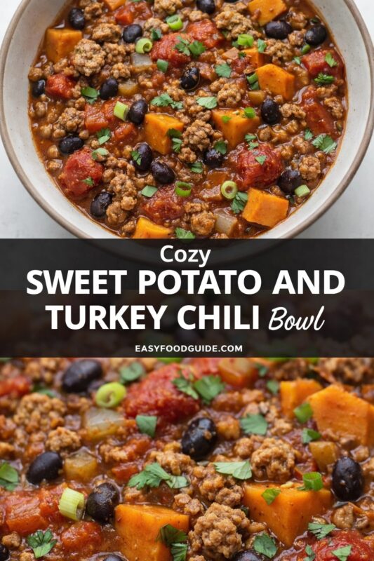A vertical recipe graphic for a Cozy Sweet Potato and Turkey Chili Bowl. The top and bottom images show the hearty, garnished chili in a bowl, highlighting its comforting appeal. A banner reads "Cozy SWEET POTATO AND TURKEY CHILI Bowl."
