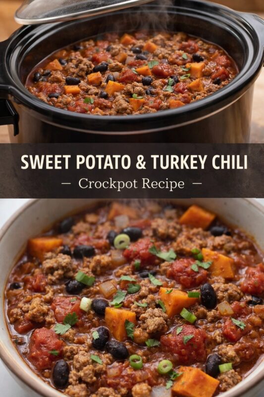 A vertical recipe graphic for a Sweet Potato & Turkey Chili Crockpot Recipe. The top image shows the chili cooking in a slow cooker, while the bottom displays the finished dish in a serving bowl. A banner reads "SWEET POTATO & TURKEY CHILI — Crockpot Recipe —."