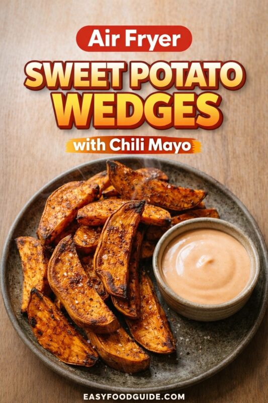 An air fryer sweet potato wedges recipe with chili mayo, served on a dark plate. The crispy, seasoned wedges are accompanied by a small bowl of creamy dipping sauce. Text reads "Air Fryer SWEET POTATO WEDGES with Chili Mayo," and the website "EASYFOODGUIDE.COM" is at the bottom.