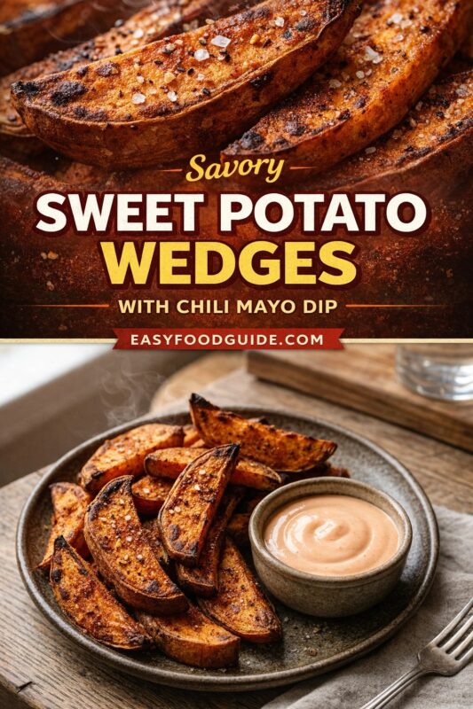 sweet-potato-wedges-chili-mayo-3 A vertical recipe graphic for savory sweet potato wedges with chili mayo dip. The top image is a close-up of the crispy, seasoned wedges, while the bottom shows them served on a plate with the dipping sauce. A banner reads "Savory SWEET POTATO WEDGES WITH CHILI MAYO DIP."