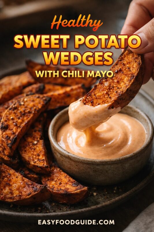 sweet-potato-wedges-chili-mayo-4 A healthy sweet potato wedges recipe with chili mayo, showing a hand dipping a crispy wedge into the creamy sauce. The seasoned wedges are served on a dark plate. Text reads "Healthy SWEET POTATO WEDGES WITH CHILI MAYO," and the website "EASYFOODGUIDE.COM" is at the bottom.