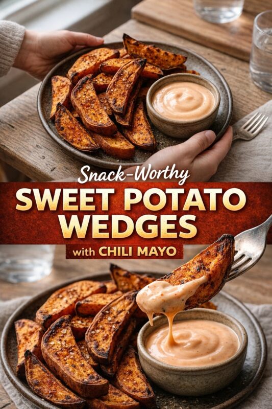sweet-potato-wedges-chili-mayo-5 A vertical recipe graphic for snack-worthy sweet potato wedges with chili mayo. The top image shows a person holding the plate of seasoned wedges, while the bottom is a close-up of a wedge being dipped in the sauce. A banner reads "Snack-Worthy SWEET POTATO WEDGES with CHILI MAYO."