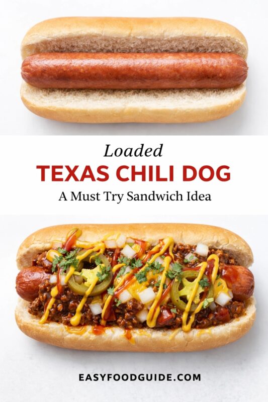 A vertical recipe graphic for a Loaded Texas Chili Dog. The top image shows the base hot dog in a bun, while the bottom displays the fully loaded sandwich idea with chili, cheese, and toppings. A banner reads "Loaded TEXAS CHILI DOG A Must Try Sandwich Idea."