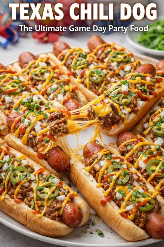 A platter of Texas chili dogs, the ultimate game day party food. The hot dogs are generously topped with cheesy spicy chili, jalapeños, onions, and condiments, with a dramatic cheese pull featured in the center. Text reads "TEXAS CHILI DOG The Ultimate Game Day Party Food."