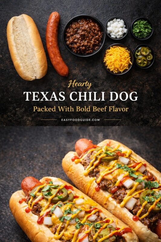 A vertical recipe graphic for a Hearty Texas Chili Dog. The top image displays the ingredients—bun, sausage, chili, cheese, and toppings—while the bottom shows the finished bold beef flavor dog on a dark surface. A banner reads "Hearty TEXAS CHILI DOG Packed With Bold Beef Flavor."