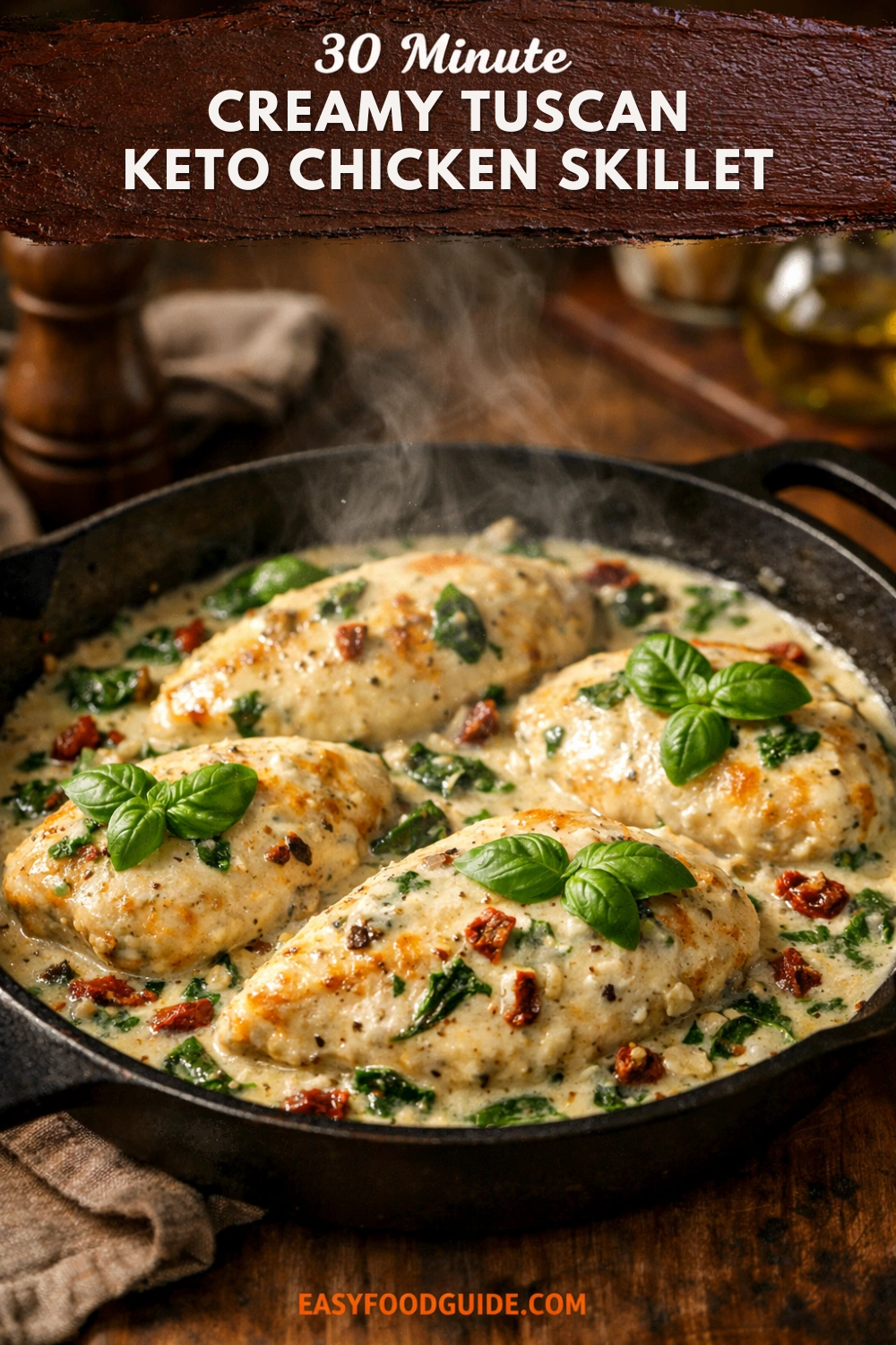 a creamy Tuscan keto chicken dish. There are four pieces of chicken breasts cooked and covered in a creamy white sauce with visible herbs and bits of sun-dried tomatoes. Each piece of chicken is topped with fresh basil leaves. The skillet is black and rests on a wooden surface. A hint of a rustic wooden pepper grinder and a folded beige cloth are visible in the background. Steam rises from the dish, suggesting it's hot and freshly cooked. The image has a warm and inviting ambiance.