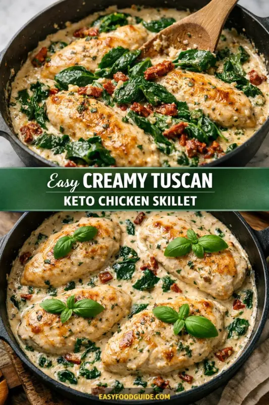 two photographs of a cooked dish labeled as "Easy Creamy Tuscan Keto Chicken Skillet." Both images show a black skillet filled with creamy sauce, seared chicken breasts, bright green spinach leaves, and pieces of sun-dried tomatoes. The chicken is seasoned and topped with fresh basil leaves for garnish. The creamy sauce is rich with visible herbs and pieces of garlic. The images showcase a rustic table setting, enhancing the visual appeal of the dish. Between the two photographs is a green banner with the name of the dish.