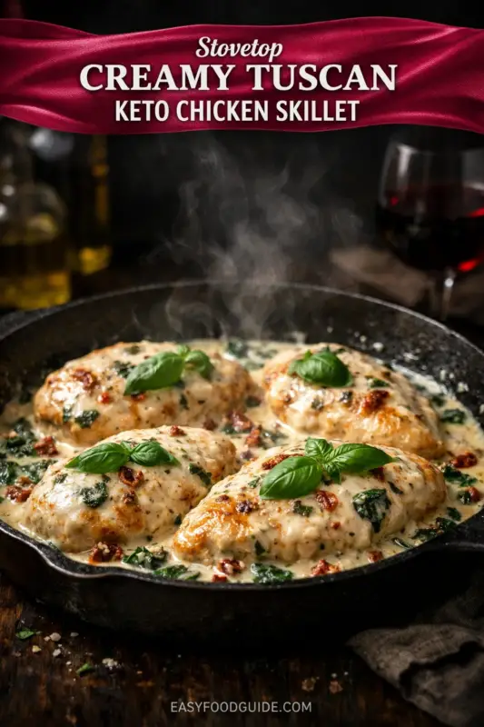 a black skillet filled with four golden-brown chicken breasts covered in a creamy sauce. The sauce appears rich and velvety, speckled with chopped spinach and sun-dried tomatoes, lending a rustic appeal. Fresh green basil leaves are placed on top of the chicken for garnish. The skillet is set on a dark wooden surface with a soft-focus background that includes a bottle and a glass of red wine, enhancing the warm and inviting atmosphere. A text banner, styled like a red ribbon, is positioned at the top with text describing the dish. Steam rises from the skillet, indicating the dish is freshly cooked.