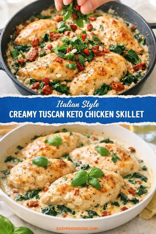 The top section shows a close-up of a skillet containing creamy Tuscan keto chicken. The skillet has golden-brown chicken breasts sprinkled with red sun-dried tomatoes, fresh green spinach, and crumbled feta cheese. A hand is visible in the top right, adding fresh basil leaves as garnish. The bottom section depicts a different angle of the same chicken dish in a white serving platter. The dish features similar ingredients with basil leaves placed on top of each chicken breast. Both sections emphasize a vibrant and appetizing presentation of the meal, with a rich, creamy sauce evident in both images.