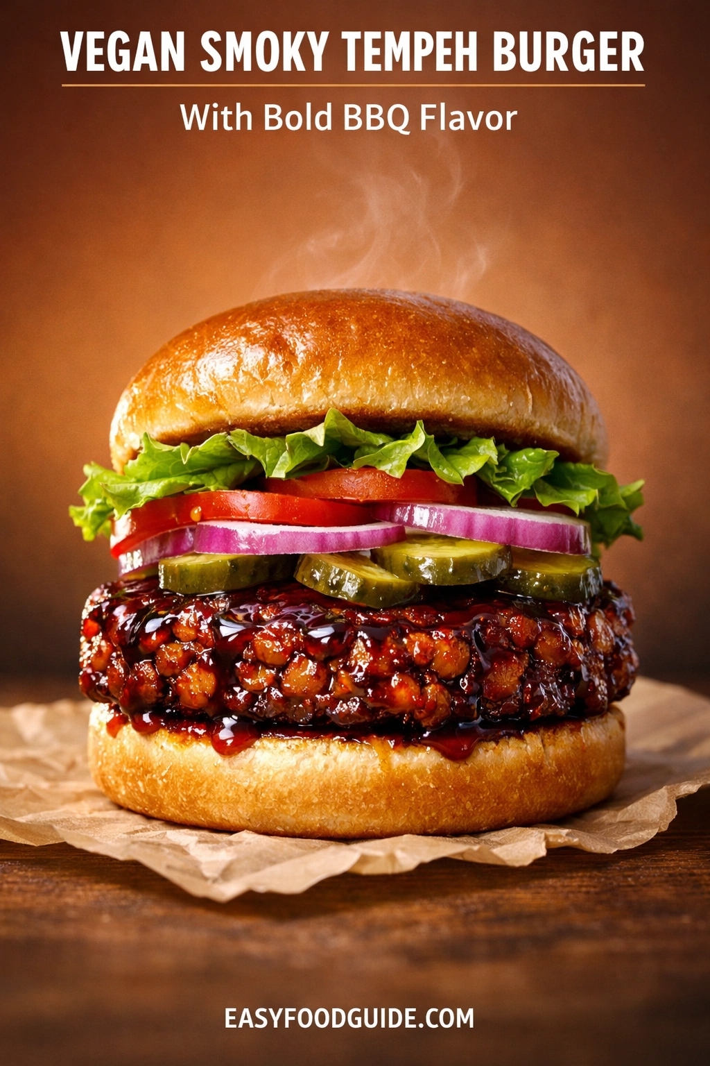 A vegan smoky tempeh burger with bold BBQ flavor, served on a toasted bun. The patty is topped with lettuce, tomato, red onion, and pickles on a wooden surface. Text reads "VEGAN SMOKY TEMPEH BURGER With Bold BBQ Flavor," and the website "EASYFOODGUIDE.COM" is at the bottom.