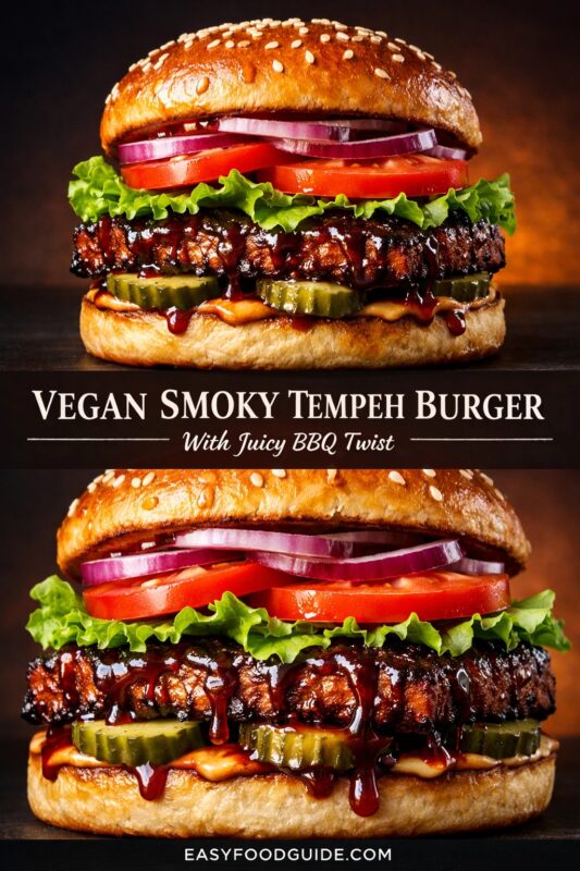 A vertical recipe graphic for a Vegan Smoky Tempeh Burger. The top and bottom images show the juicy BBQ twist burger with tempeh patty, fresh vegetables, and sauce on a sesame seed bun. A banner reads "VEGAN SMOKY TEMPEH BURGER With Juicy BBQ Twist."