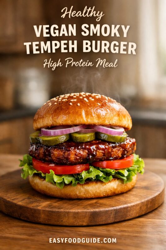 A healthy vegan smoky tempeh burger, presented as a high protein meal on a wooden board. The steaming burger features a glazed patty with pickles and red onion on a sesame seed bun against a kitchen background. Text reads "Healthy VEGAN SMOKY TEMPEH BURGER High Protein Meal," and the website "EASYFOODGUIDE.COM" is at the bottom.