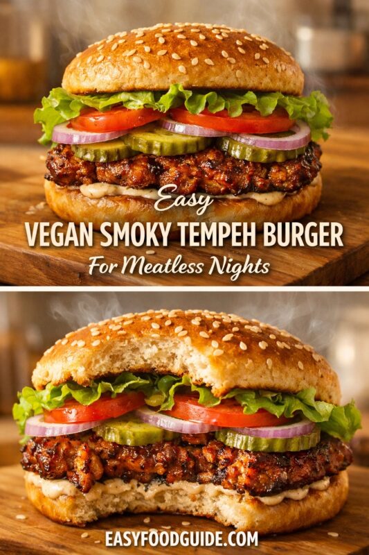 A vertical recipe graphic for an Easy Vegan Smoky Tempeh Burger. The top and bottom images show the meatless night burger on a wooden board, with one image featuring a bite taken out. A banner reads "Easy VEGAN SMOKY TEMPEH BURGER For Meatless Nights."