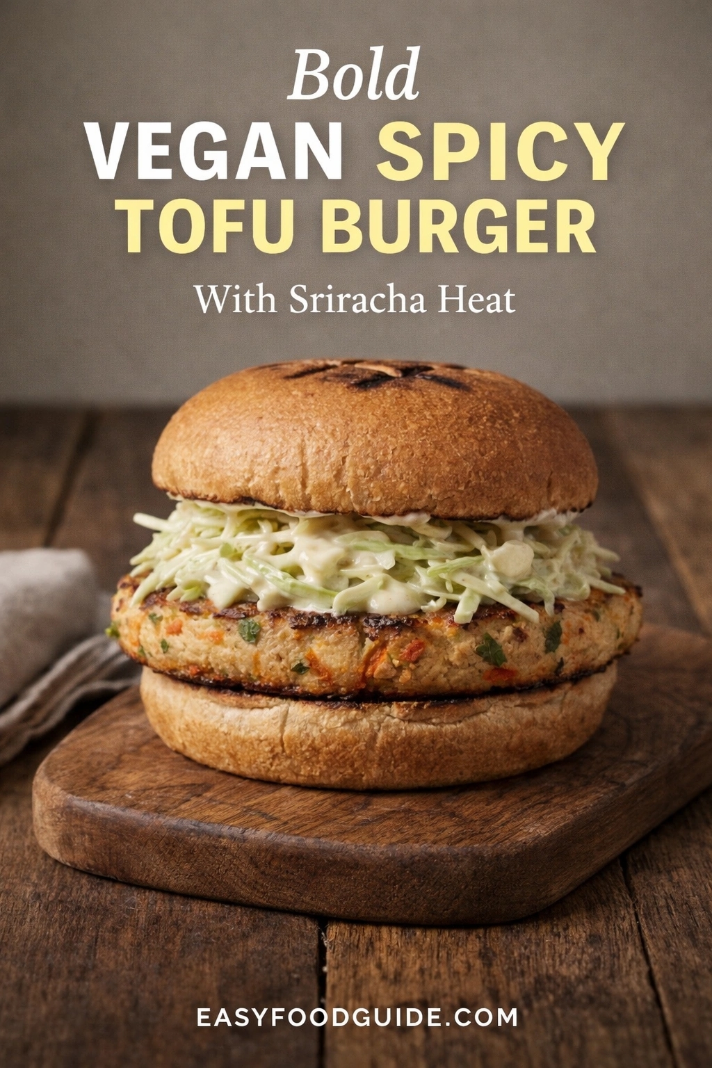 A bold vegan spicy tofu burger with sriracha heat, served on a toasted bun with creamy coleslaw. The burger sits on a wooden board against a rustic background. Text reads "Bold VEGAN SPICY TOFU BURGER With Sriracha Heat," and the website "EASYFOODGUIDE.COM" is at the bottom.