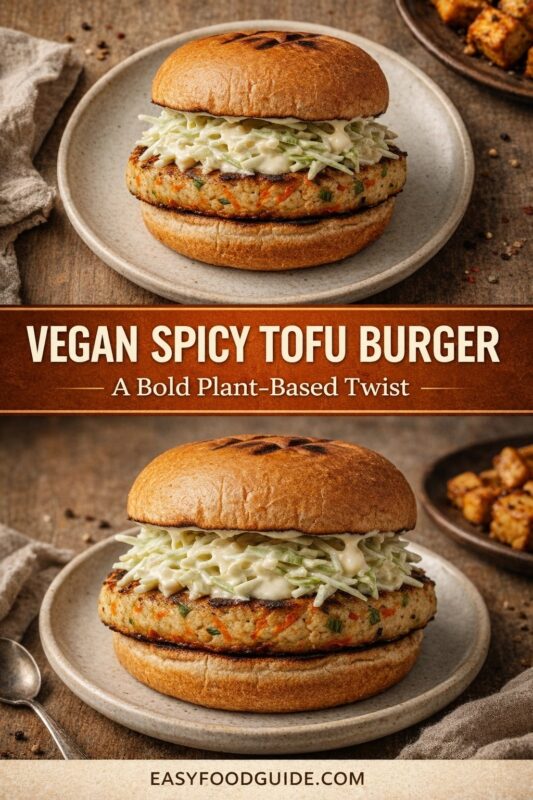 A vertical recipe graphic for a Vegan Spicy Tofu Burger. The top and bottom images show the plant-based burger on a plate, topped with coleslaw and served with a side of crispy potatoes. A banner reads "VEGAN SPICY TOFU BURGER A Bold Plant-Based Twist."