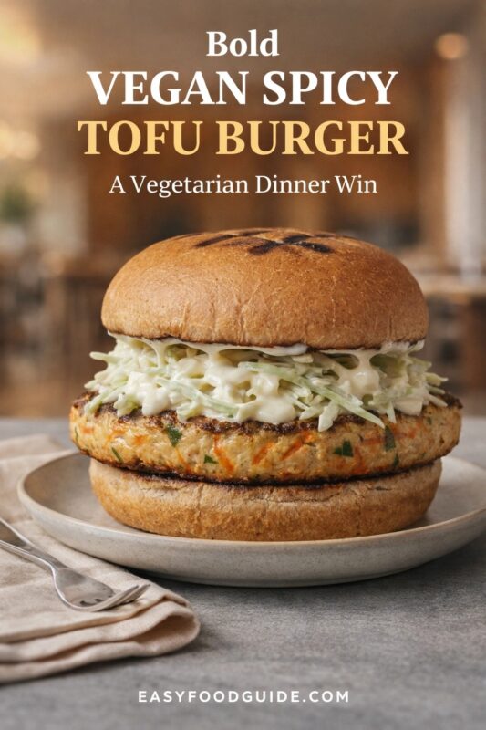 A bold vegan spicy tofu burger, a vegetarian dinner win, presented on a plate with creamy coleslaw. The burger features a textured patty and a toasted bun, set against a soft-focus background. Text reads "Bold VEGAN SPICY TOFU BURGER A Vegetarian Dinner Win," with the website "EASYFOODGUIDE.COM" at the bottom.