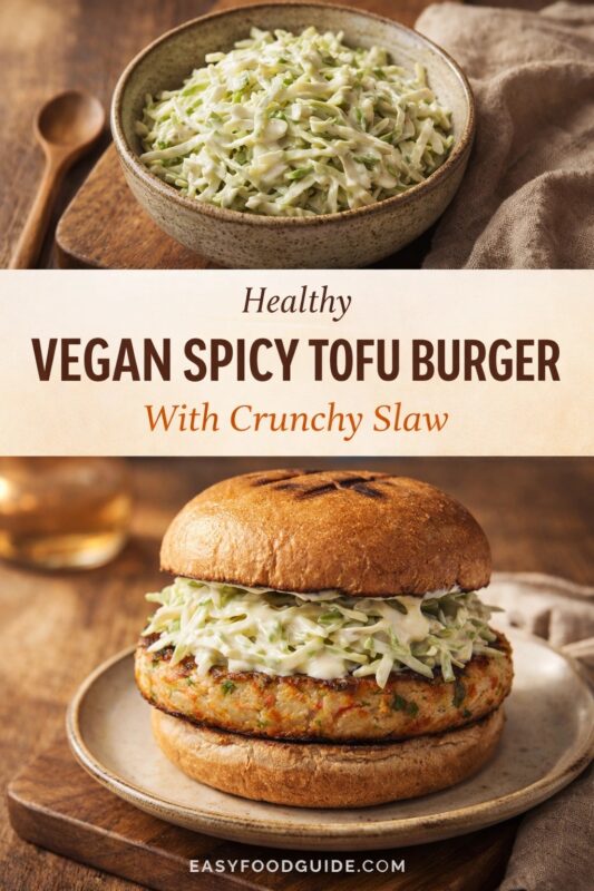 A vertical recipe graphic for a Healthy Vegan Spicy Tofu Burger. The top image shows a bowl of the crunchy slaw, while the bottom features the assembled burger on a bun. A banner reads "Healthy VEGAN SPICY TOFU BURGER With Crunchy Slaw."