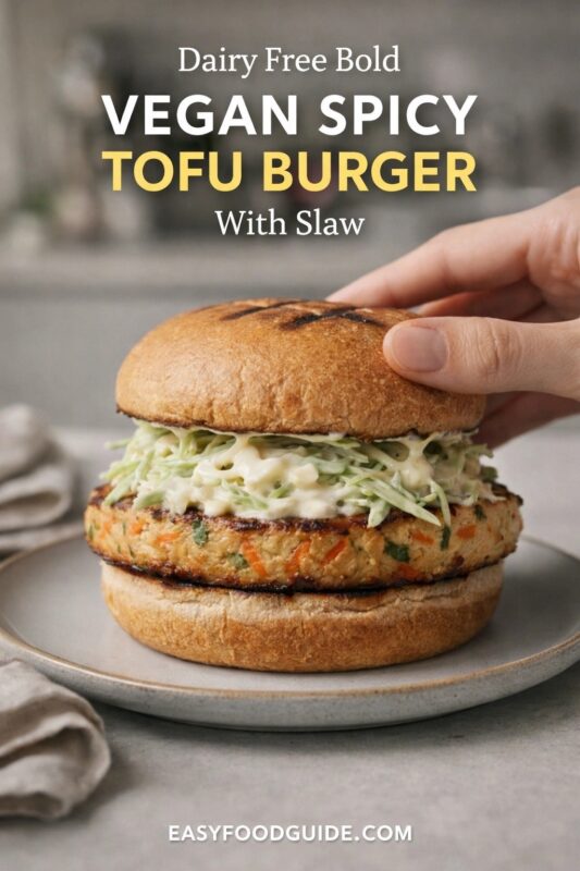 A hand reaches for a dairy-free bold vegan spicy tofu burger with slaw, served on a plate. The plant-based patty is topped with creamy coleslaw and a toasted bun. Text reads "Dairy Free Bold VEGAN SPICY TOFU BURGER With Slaw," and the website "EASYFOODGUIDE.COM" is at the bottom.