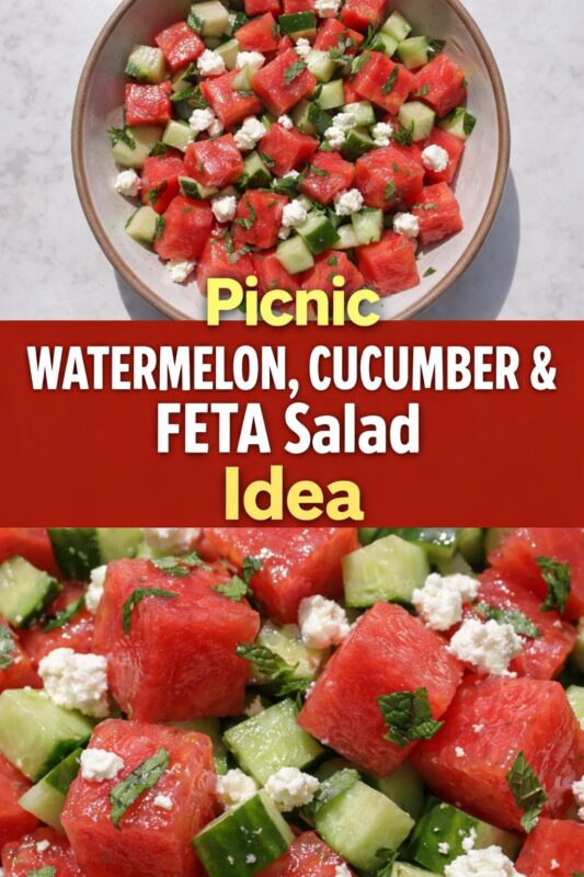 watermelon-cucumber-feta-salad-3 A vertical recipe graphic for a Picnic Watermelon, Cucumber & Feta Salad Idea. The top image shows the refreshing salad in a bowl, while the bottom is a close-up of the colorful ingredients. A banner reads "Picnic WATERMELON, CUCUMBER & FETA Salad Idea."