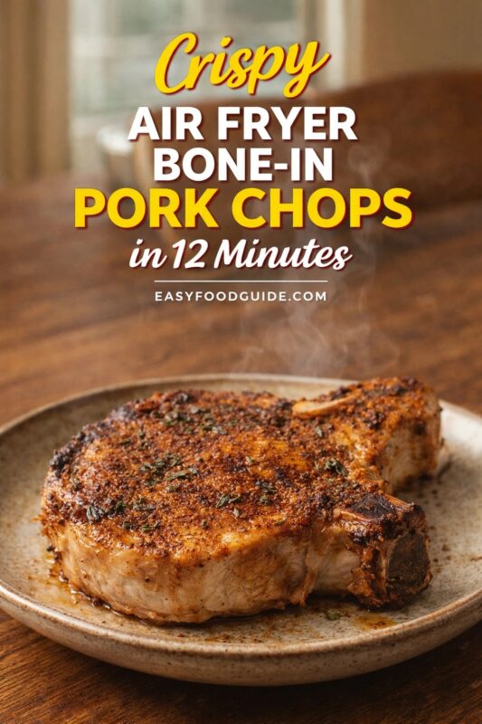 Crispy Air Fryer Bone-In Pork Chops in 12 Minutes: thick, juicy chop with golden-brown, spice-crusted exterior and visible bone — steaming on rustic ceramic plate over warm wood table. Herbs fleck the crust; soft natural light from window behind. Text: “Crispy AIR FRYER BONE-IN PORK CHOPS – in 12 Minutes” + EASYFOODGUIDE.COM. Fast, flavorful, restaurant-quality dinner ready in minutes — perfect for busy weeknights or protein-packed meals without compromise.
