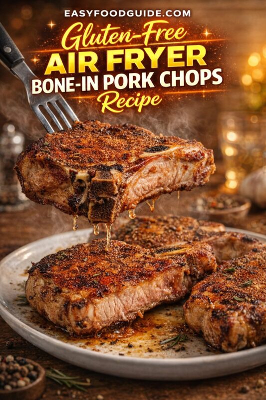 Gluten-Free Air Fryer Bone-In Pork Chops Recipe: fork lifts a steaming, juicy chop — golden-brown spice crust glistening with rendered fat, bone visible, juices dripping. Plate below holds three more perfectly cooked chops; rosemary sprigs and peppercorns scattered nearby. Warm bokeh lights in background. Text: “Gluten-Free AIR FRYER BONE-IN PORK CHOPS Recipe” + EASYFOODGUIDE.COM. Crispy outside, tender inside — flavorful, allergen-friendly dinner ready fast for any occasion.